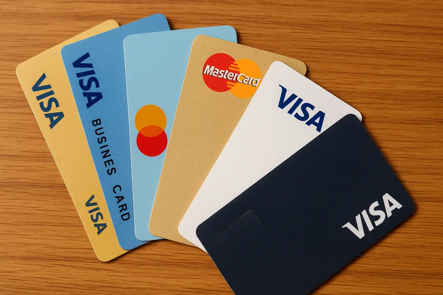 Nærbillede af et kreditkort med teksten Credit Card og synlige logoer for Visa og Mastercard; beskriver betaling med kreditkort.