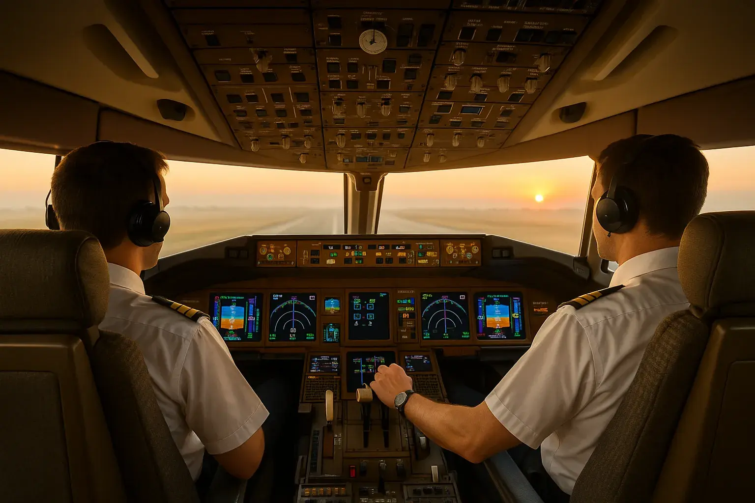 En pilot arbejder i cockpittet og betjener flyets instrumenter.
