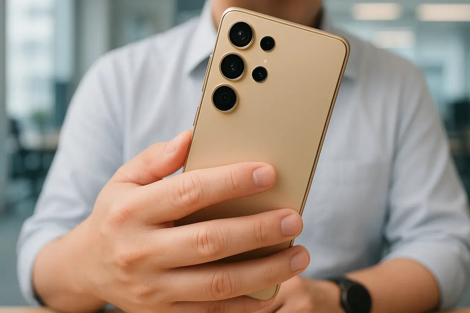 Billedet forestiller en moderne smartphone, sandsynligvis Samsung Galaxy 15, placeret på en neutral overflade. Det er et stock-foto krediteret til tinhkhuong og udgivet af Shutterstock.