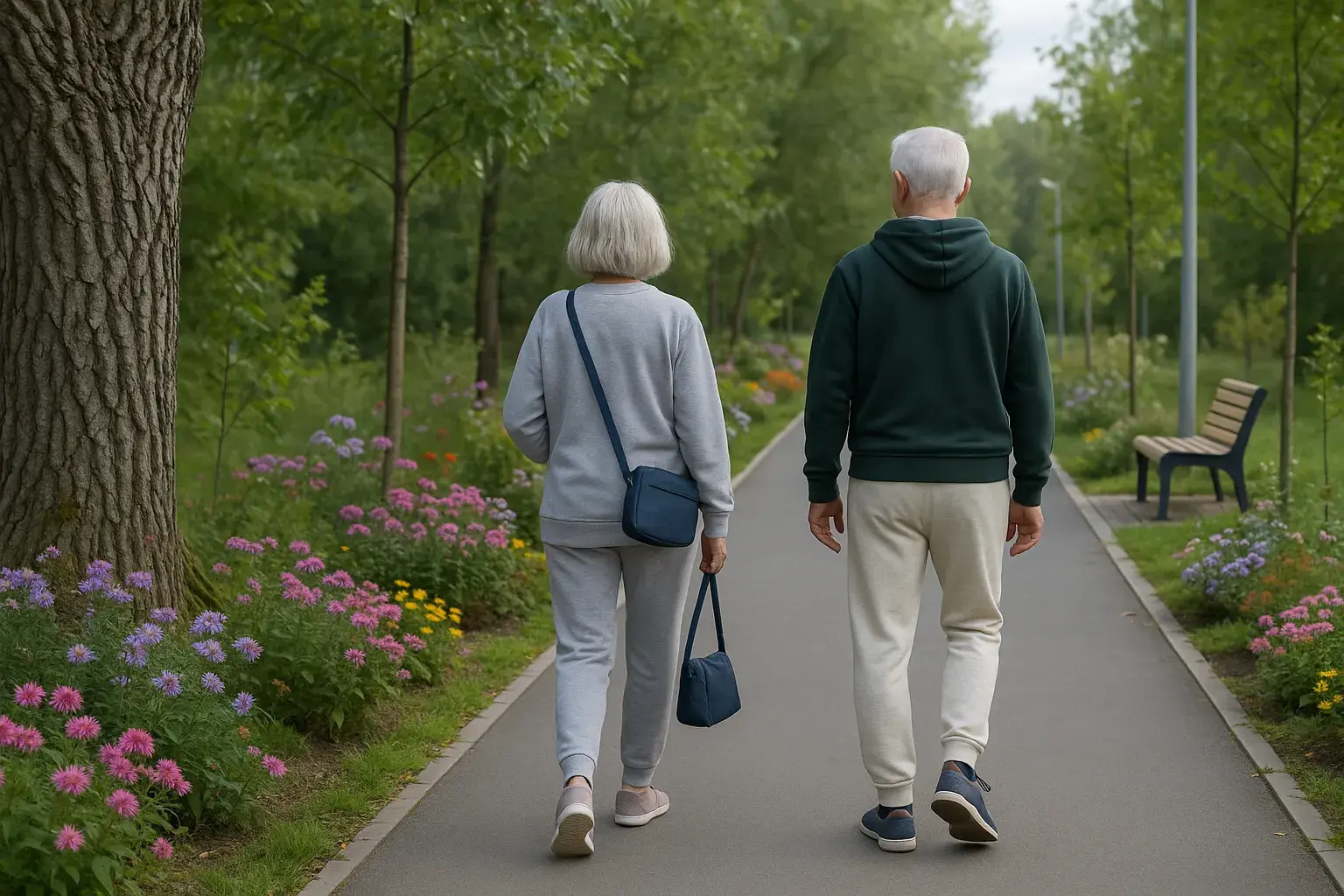 Et ældre par går en afslappet gåtur udendørs sammen; et seniorpar nyder en rolig gåtur.