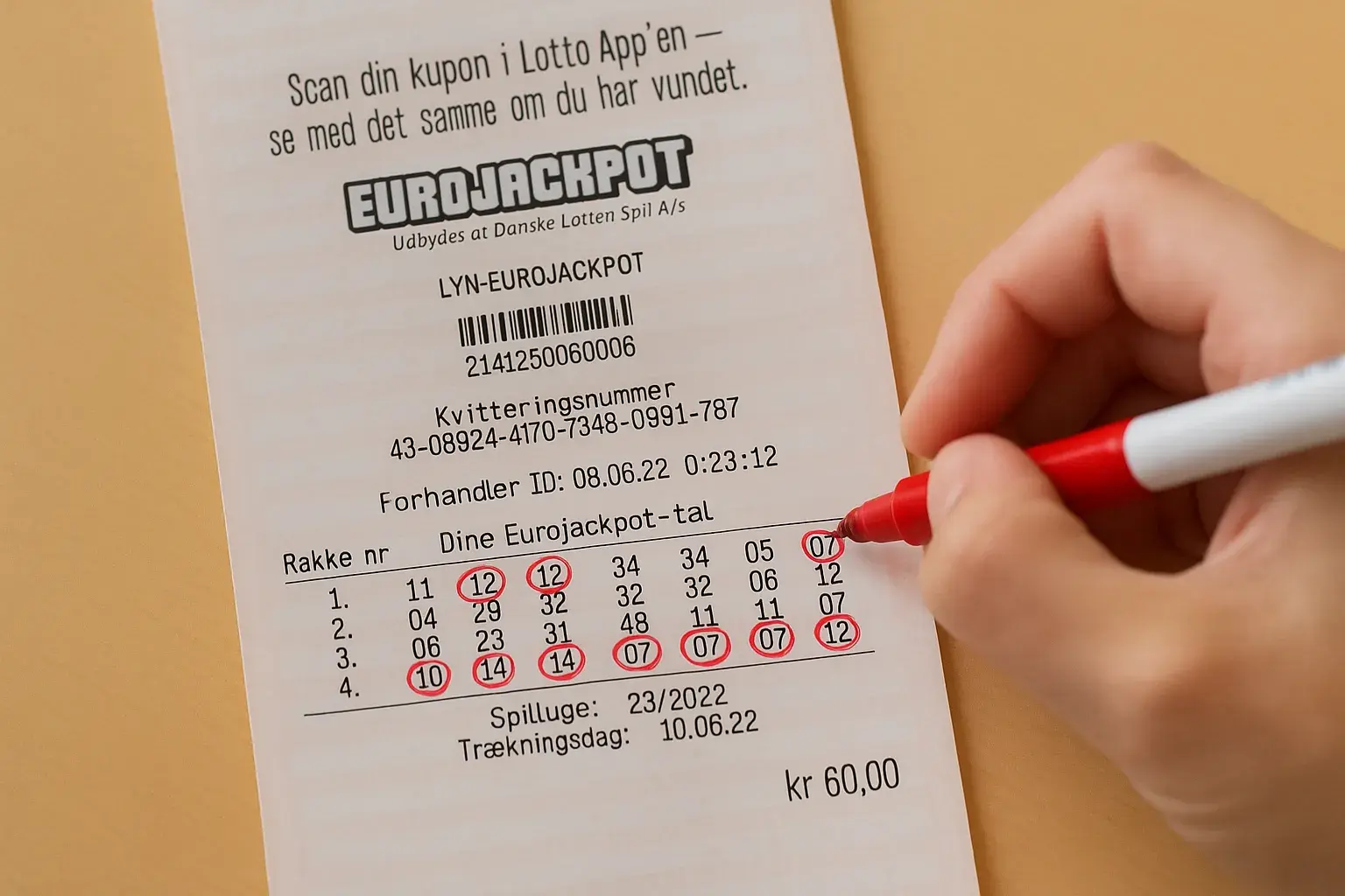 Et Eurojackpot-relateret billede med Danske Spil-branding, sandsynligvis viser en lodsedel eller kupong og relaterede tal, der passer til en artikel om Eurojackpot.