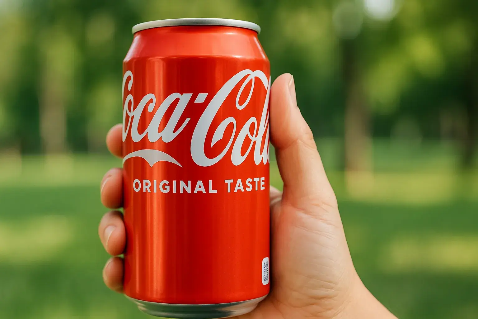 Et glas iskold Coca-Cola står på et lyst bord med isterninger og boblende cola, foran et ikonisk Coca-Cola-motiv.
