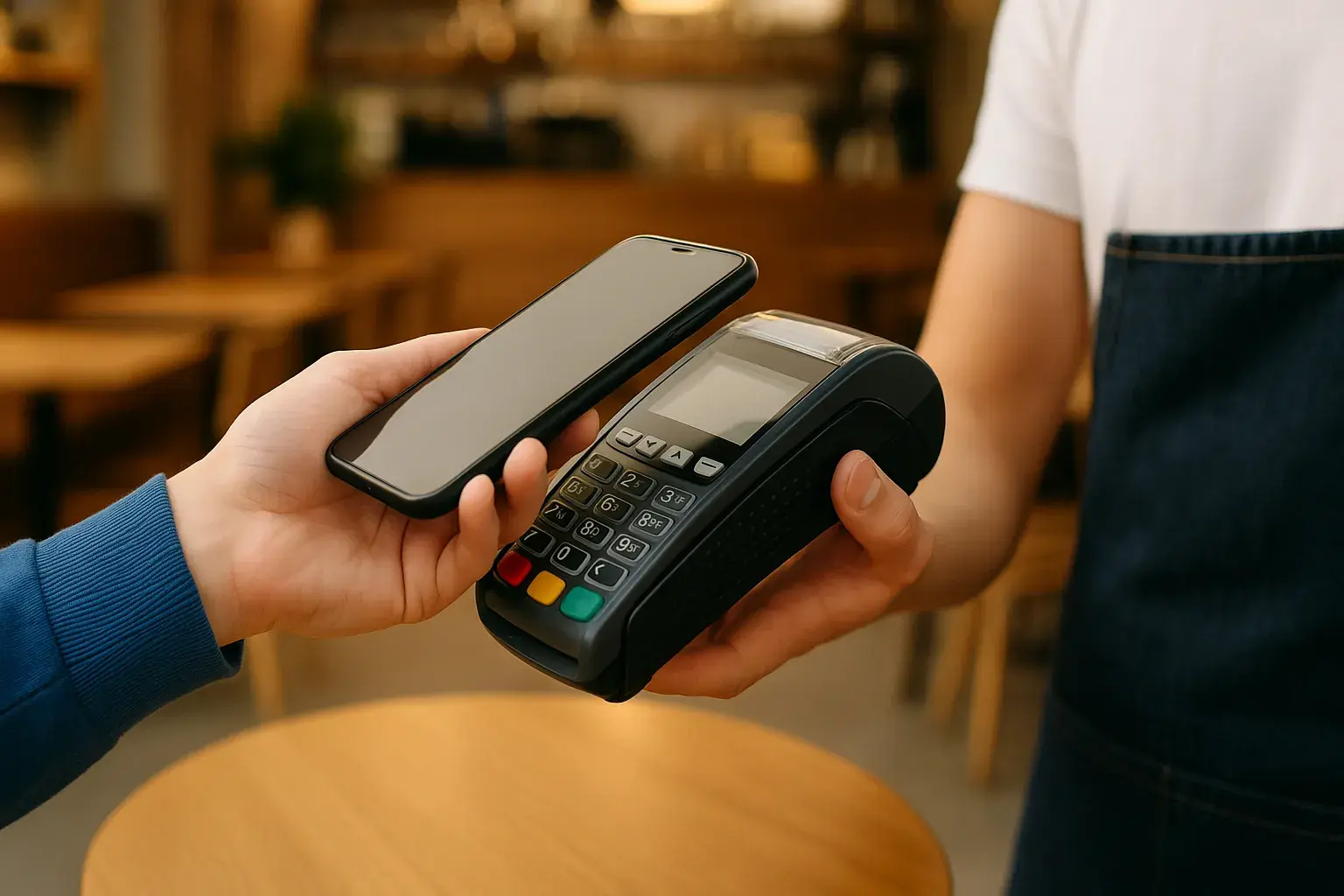Et billede der illustrerer betaling, med fokus på Dankort og Apple Pay. En betalingsterminal eller en mobiltelefon viser betalingsikoner for Dankort og Apple Pay samt ordet betaling.