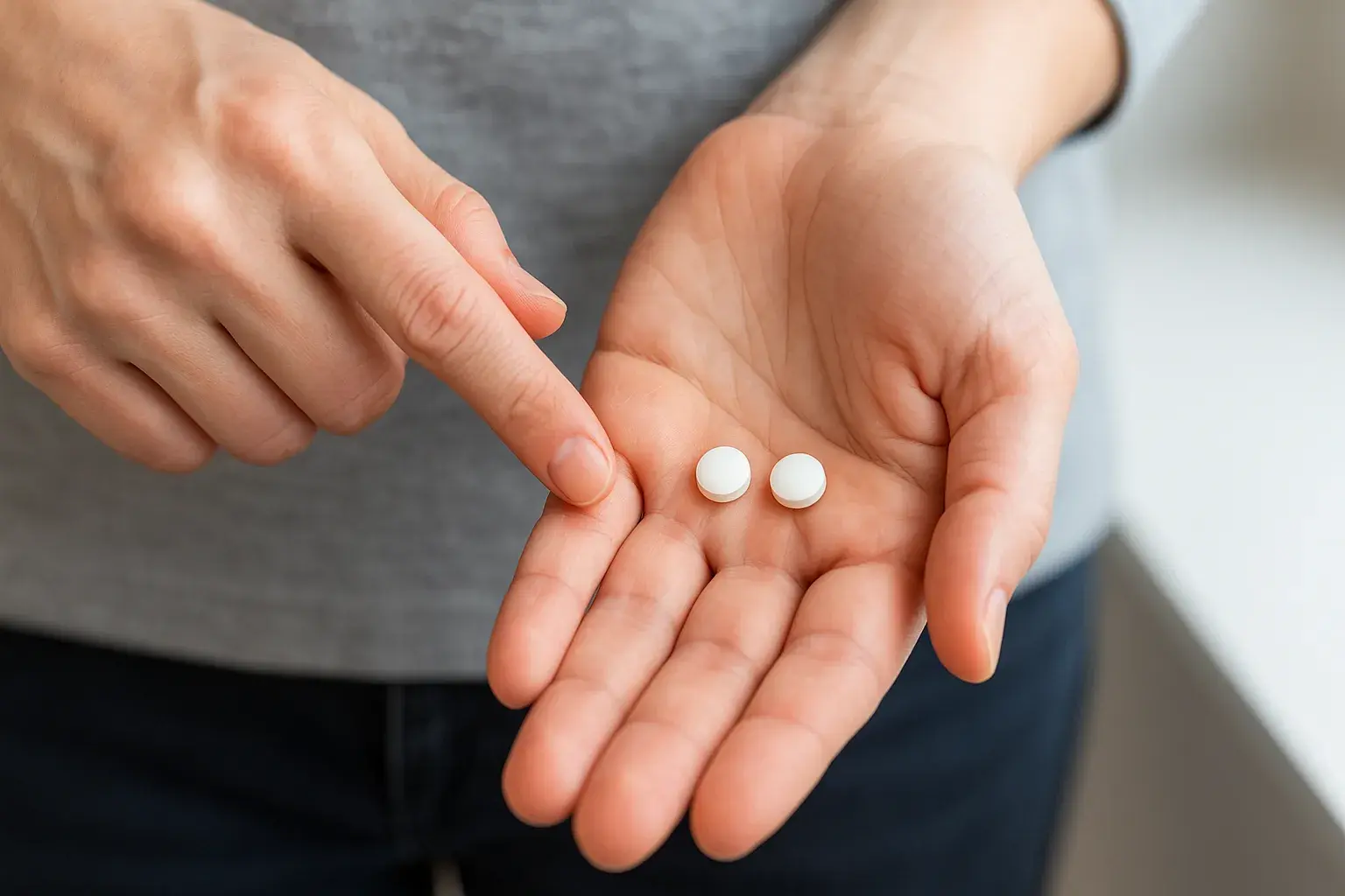 Nærbillede af piller og medicin, sandsynligvis ibuprofen, der ligger på en neutral overflade eller i en blisterpakning.