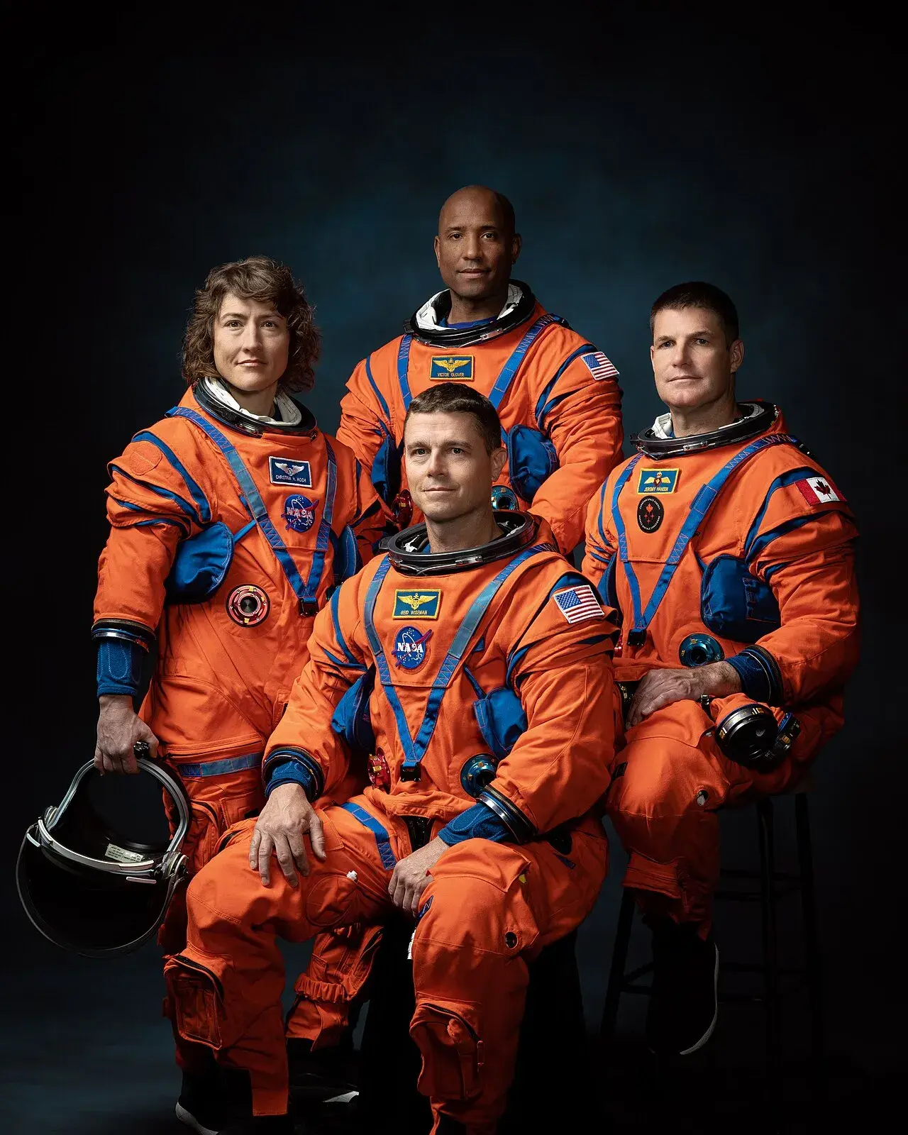 Official crew portrait for Artemis II, featuring NASA astronauts Christina Koch, Victor Glover, Reid Wiseman, and Canadian Space Agency astronaut Jeremy Hansen.