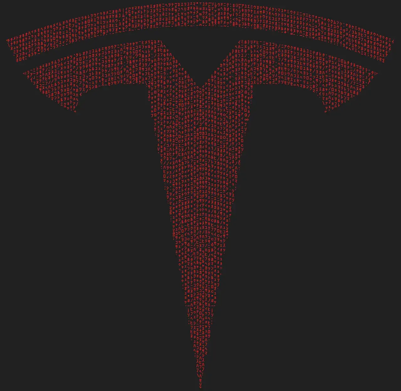 ASCII-versionen af Tesla Motors-logoet. Billedet viser Teslas velkendte logo i tekstbaseret form.