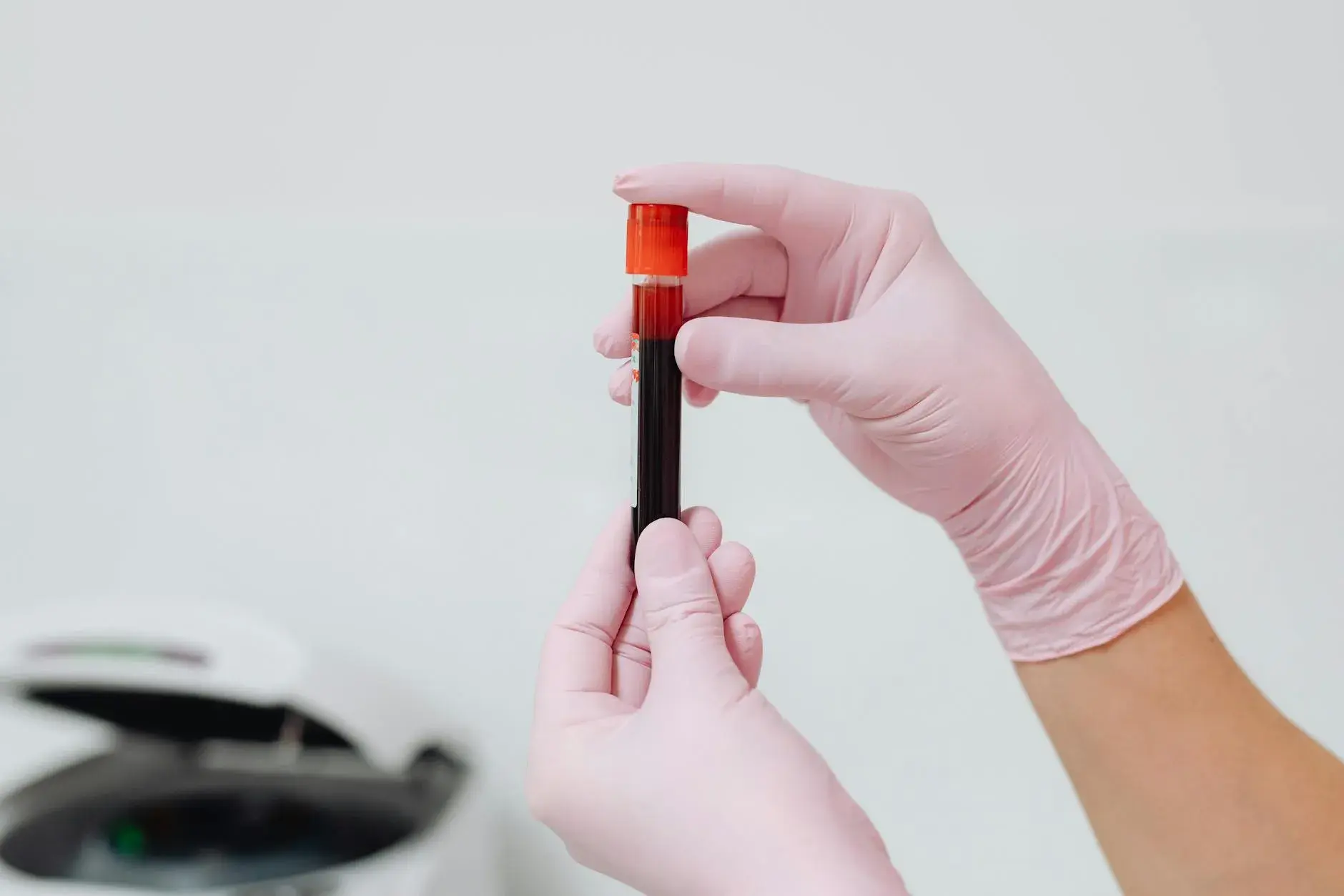 Et tæt billede af handskeklædte hænder, der holder en blodprøve i et test-/reagensglas. Velegnet til artikler om laboratoriearbejde, prøvetagning og sundhedsforskning.