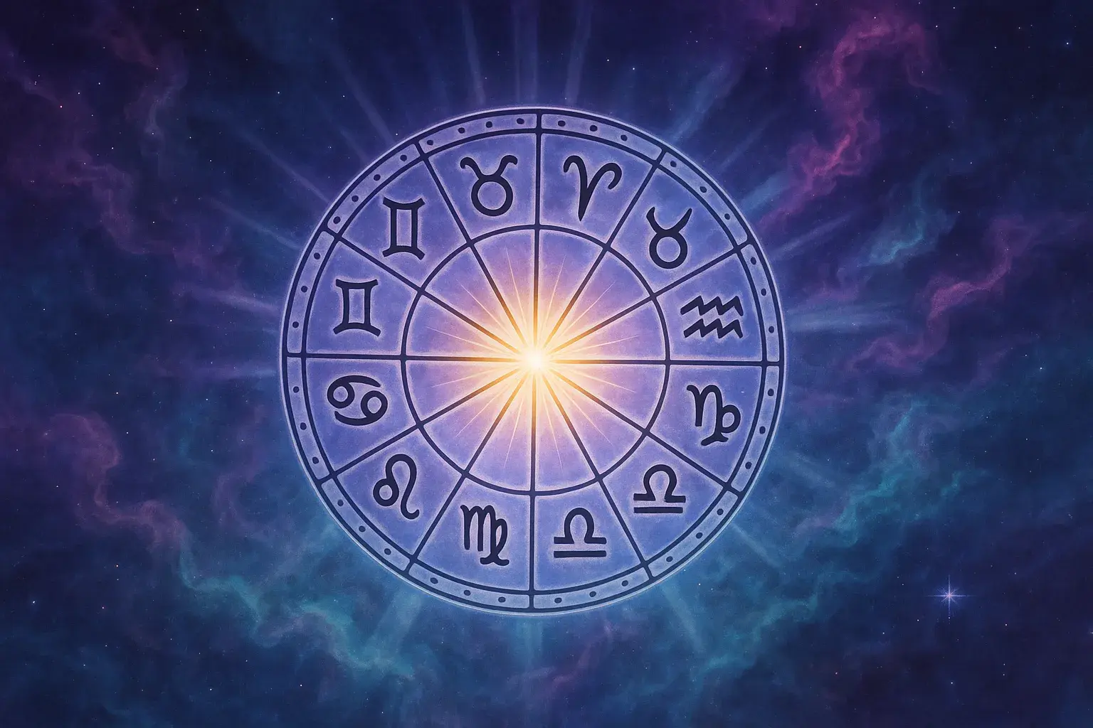 Et billede til en artikel om Astrologi: en stiliseret stjernehimmel med konstellationer og symboler for de forskellige stjernetegn, der illustrerer horoskop og astrologiske temaer.