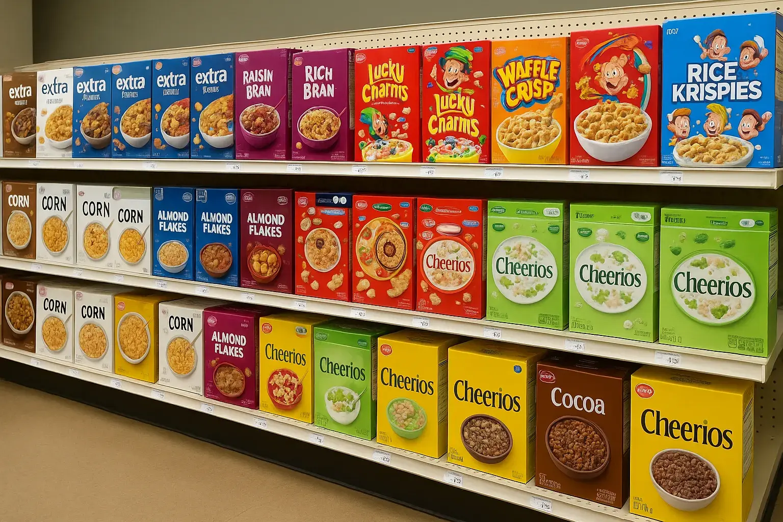 Nestlé-kornflager står på hylder i et supermarked; madprodukter med farverige emballager er tydeligt synlige, og billedet relaterer til Nestlé og kornprodukter.