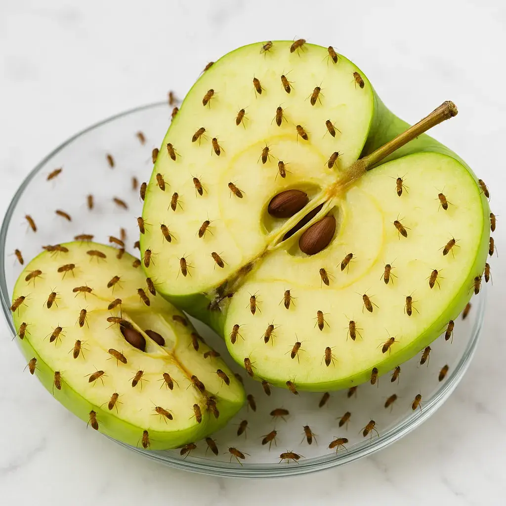 Nærbillede af bananfluer omkring en frugt. Små, gennemsigtige insekter svæver tæt ved frugten, hvilket giver en detaljeret beskrivelse af frugt og fluer til artiklen.