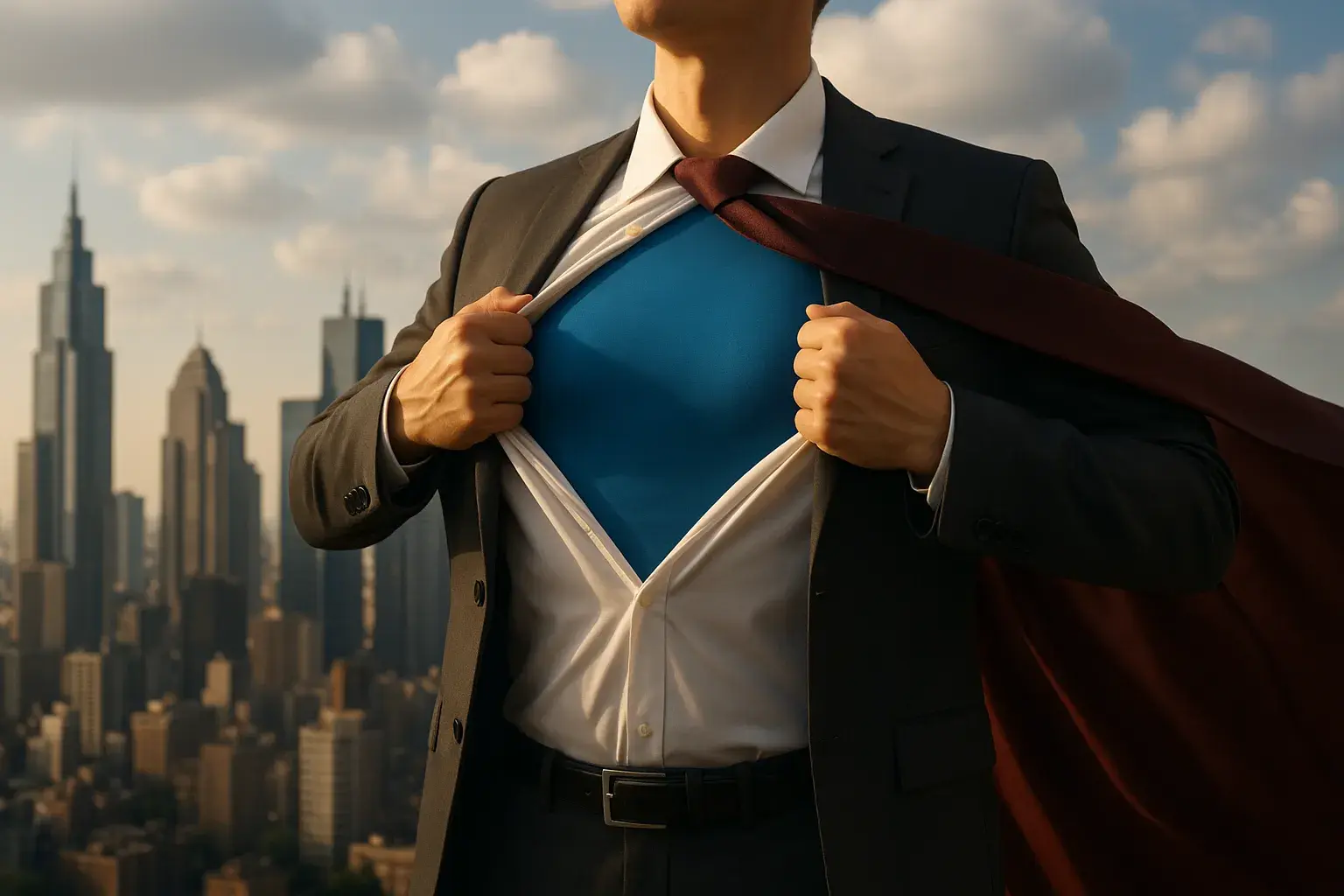 En stiliseret illustration af en person i jakkesæt, der står på en høj bygning og kigger ud over byens skyline ved en solnedgang. Stemningen kombinerer en forretningsmandsfigur med en subtil superhero-lignende stemning; scenen udtrykker ambition og udsigt ved den varme solnedgang.