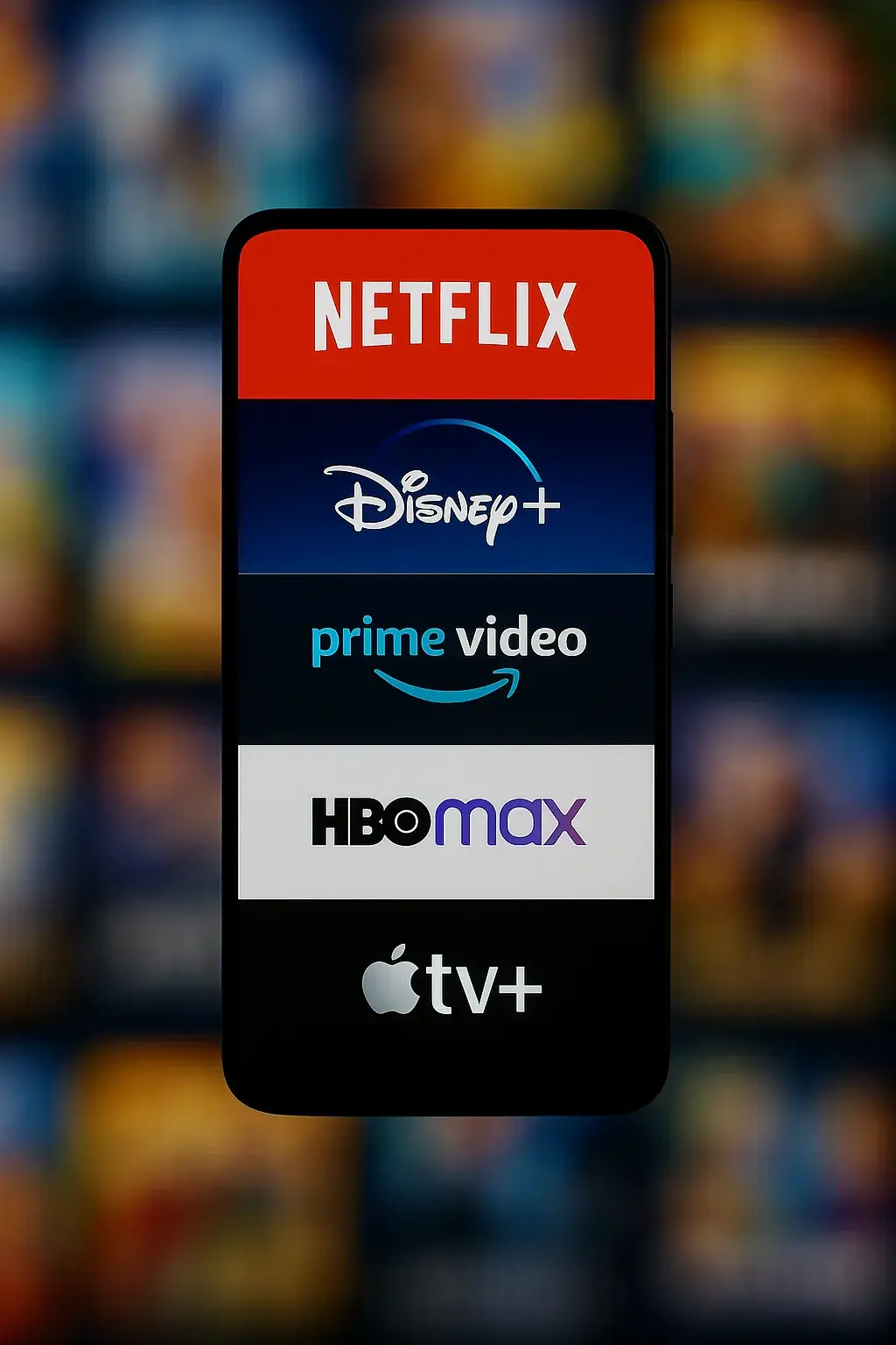 Et billede der illustrerer streamingtjenester med logoer for Netflix, Disney+, Prime Video, HBO og Apple TV+.