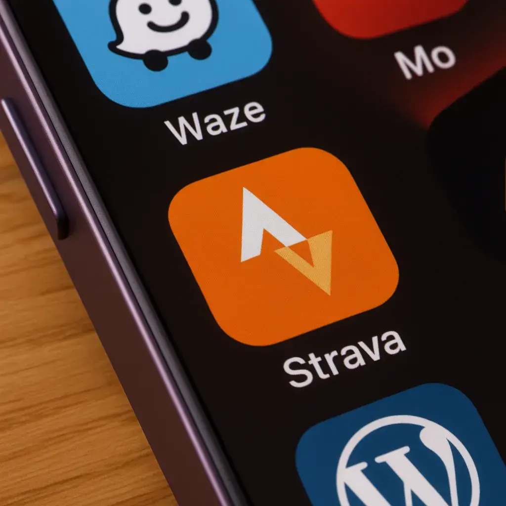 En person bruger Strava-appen til at spore en udendørs træning. En mobiltelefon viser Strava-ikonet, mens en løber eller cyklist er ude på en sti. Billedet illustrerer GPS-sporing, rutevalg og distance, og inkluderer søgeordene Strava, løb og cykling i beskrivelsen.