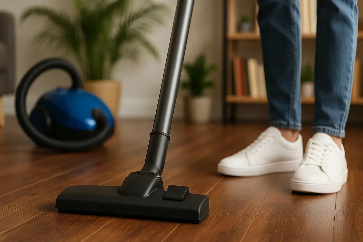 Et billede af en støvsuger og en duster klar til rengøring i et lyst rum. Fokus ligger på støvsugerens funktion som en vacuum cleaner og på redskabet duster, der bruges til at fjerne støv.