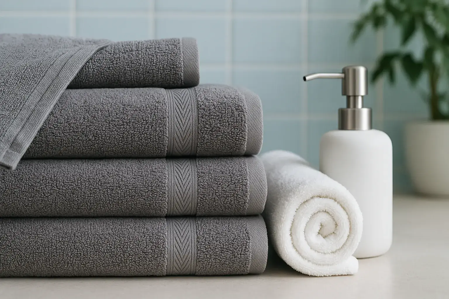 Et nærbillede af et håndklæde (towel) foldet eller bredt ud på en ren overflade. Teksturen i vævet og farverne er neutrale, hvilket gør billedet relevant for en artikel om håndklæder. Søgeordet 'Håndklæde' er passende.