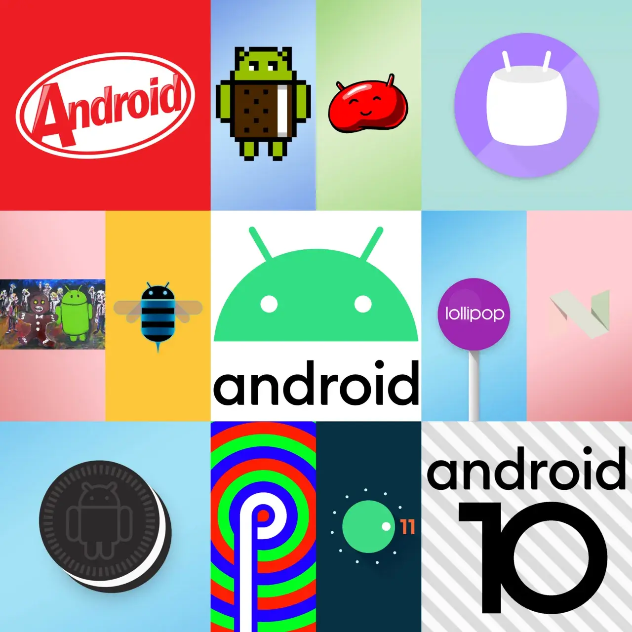 En oversigt over de ikoniske logoer og figurer fra Android-operativsystemets historie, fra Gingerbread til Android 11.