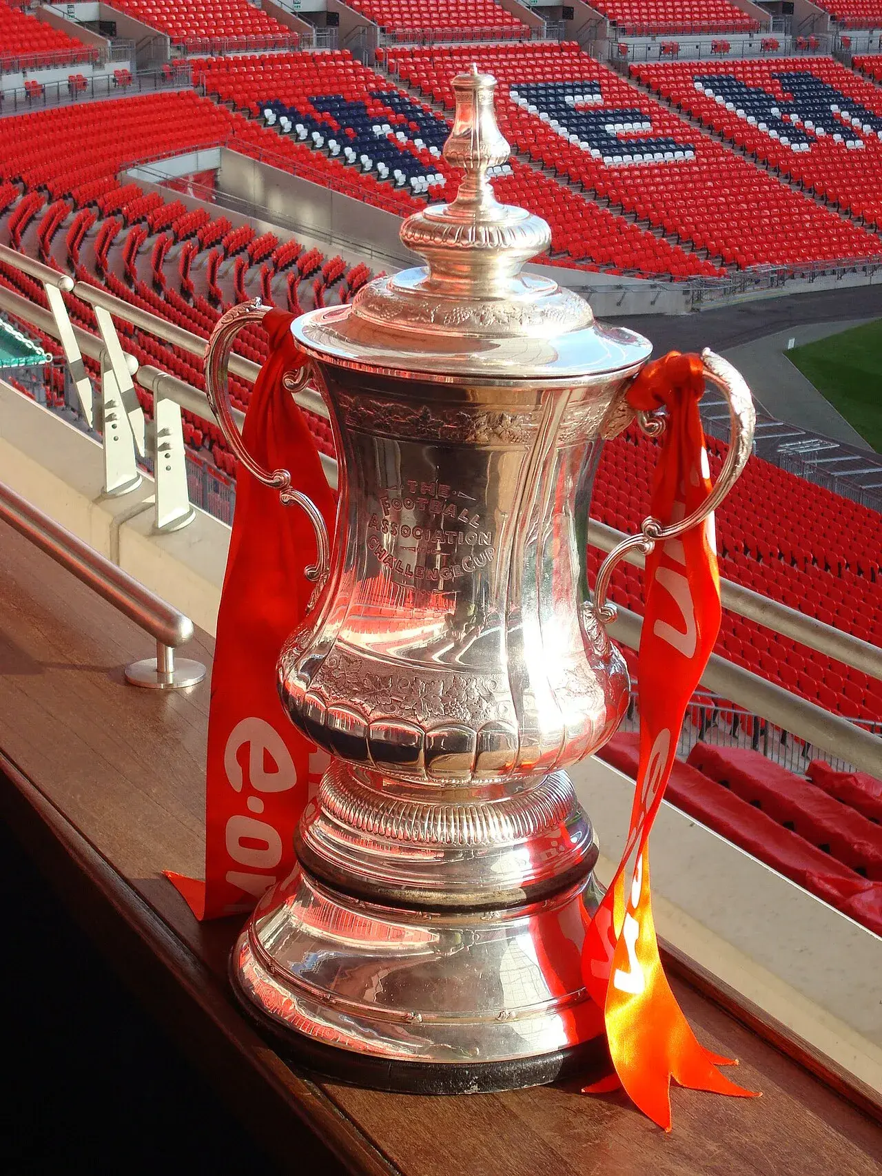 The iconic FA Cup Trophy displayed at Wembley Stadium, symbolizing English football's greatest honor.