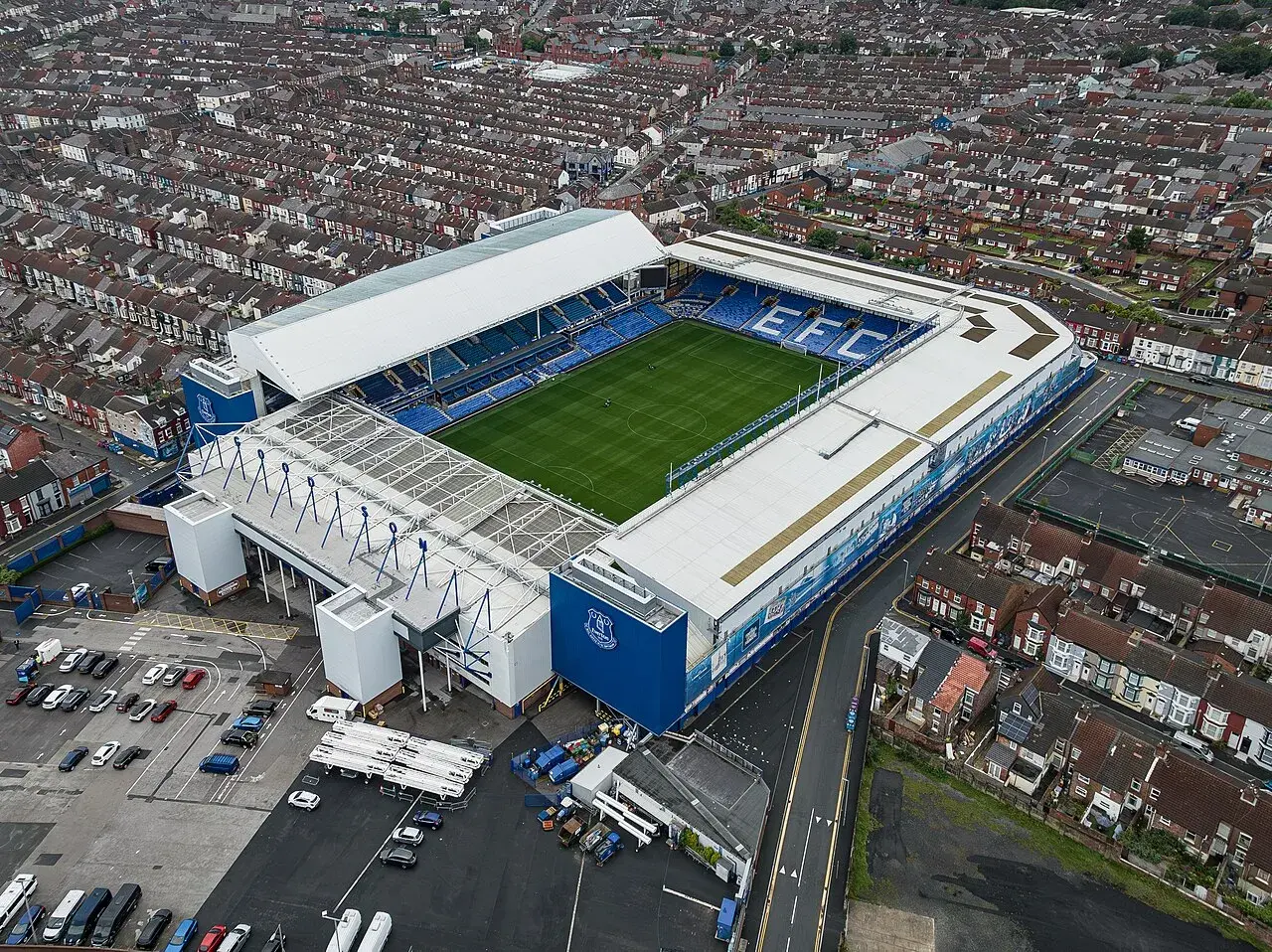 Goodison Park, the iconic home of Everton FC in Liverpool, England.