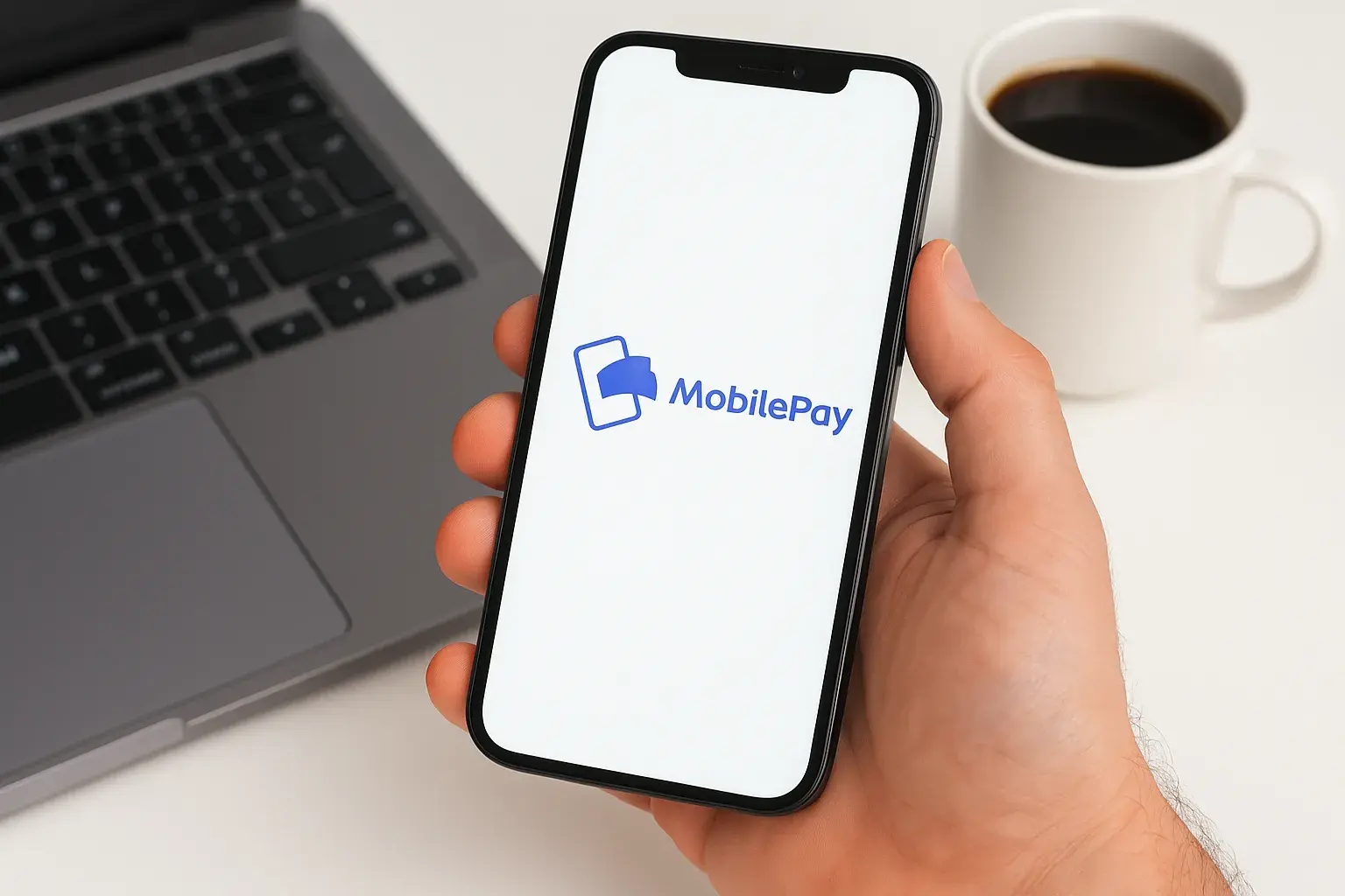 Et nærbillede af en smartphone med MobilePay-appen åben og en betaling, der er i gang. Tema: mobilbetaling og digital betaling; nøgleord inkluderer MobilePay, mobilbetaling, smartphone, betaling, fintech, pengeoverførsel.