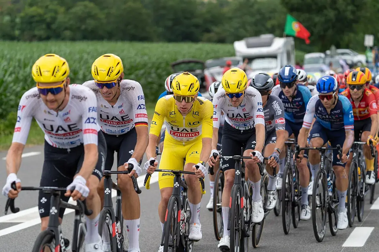 Tadej Pogačar and his team take the lead during the challenging Simacourbe climb in Stage 13 of the 2024 Tour de France.