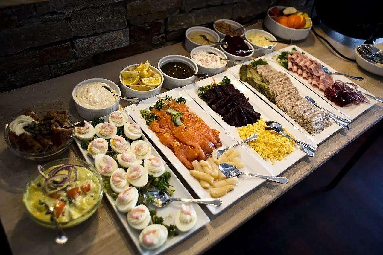 A vibrant buffet display at Hotel Sisimiut, located in the second-largest city of Greenland.