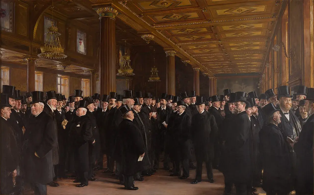 Gruppeportræt fra 1895 med motiv fra Københavns Børs. Billedet er et værk af P.S. Krøyer.