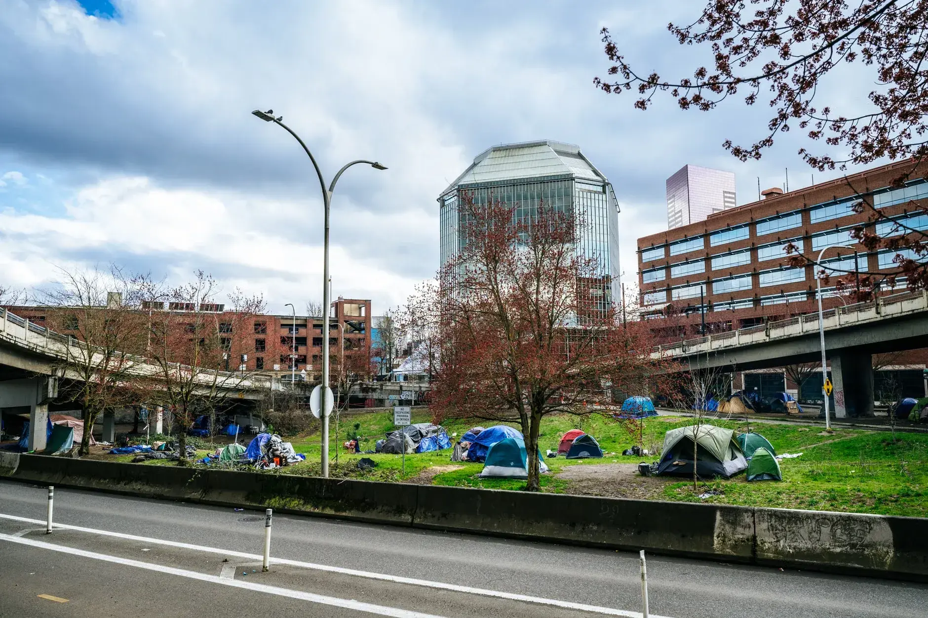 Farverige telte er sat op i en grøn område i downtown Portland, Oregon, og viser urbane sociale problemer. Billedet giver et indblik i den sociale situation i byen.
