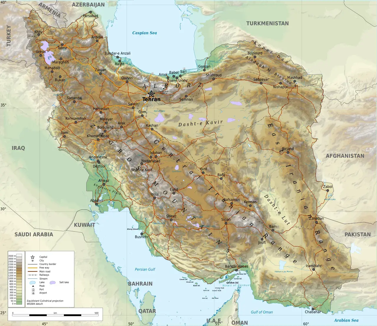 Et detaljeret geografisk kort over Iran, visende landets grænser og regioner.