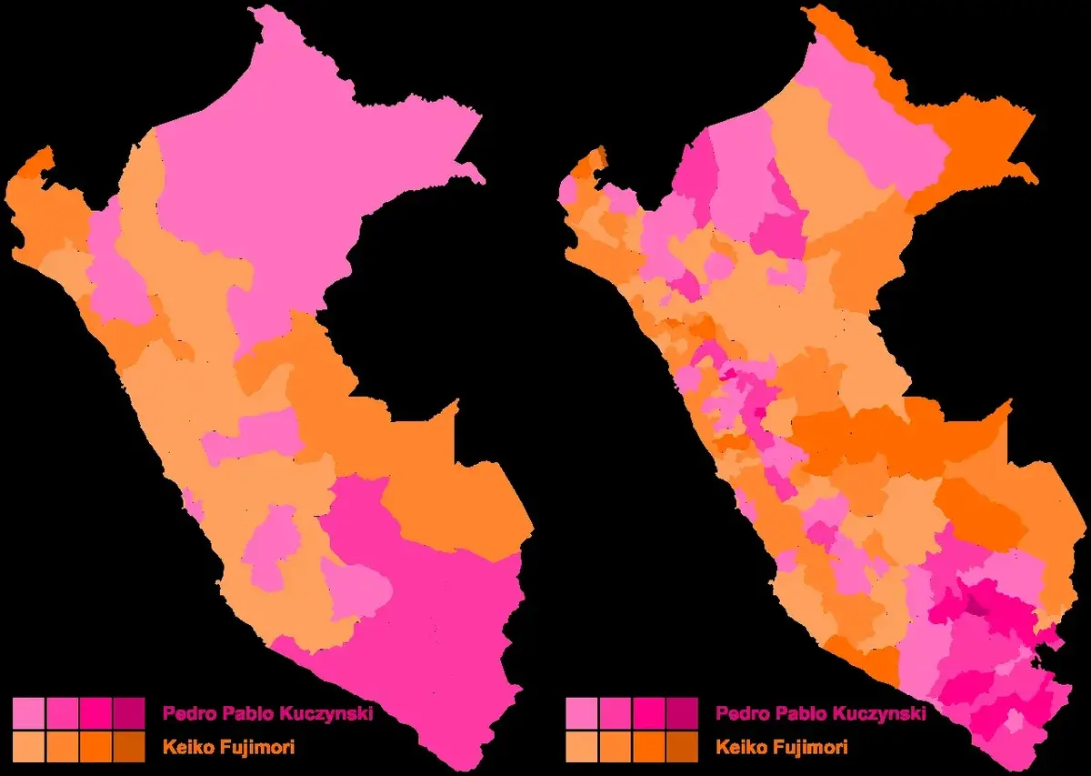 Two maps of Peru colored by presidential election vote distribution between Pedro Pablo Kuczynski and Keiko Fujimori in 2016