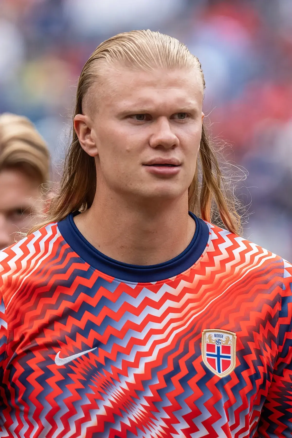 Close-up of Erling Haaland wearing a Norway national team jersey.