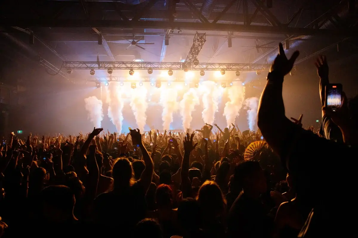 A packed concert crowd with raised hands facing a bright stage with smoke effects.