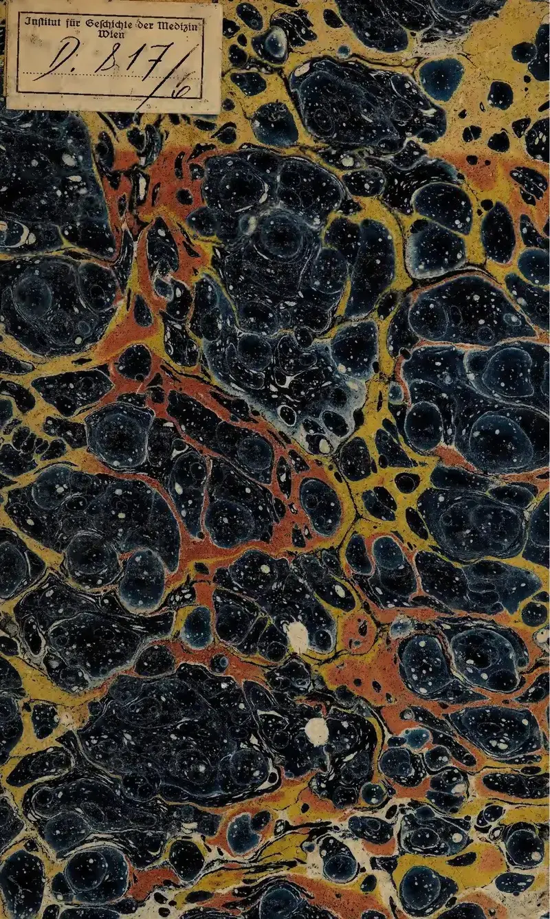 Marbled paper book cover with label from Institute for the History of Medicine Vienna