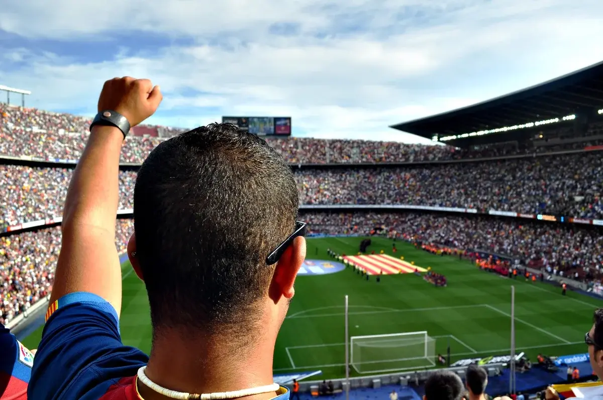 Fan cheering in crowded football stadium
