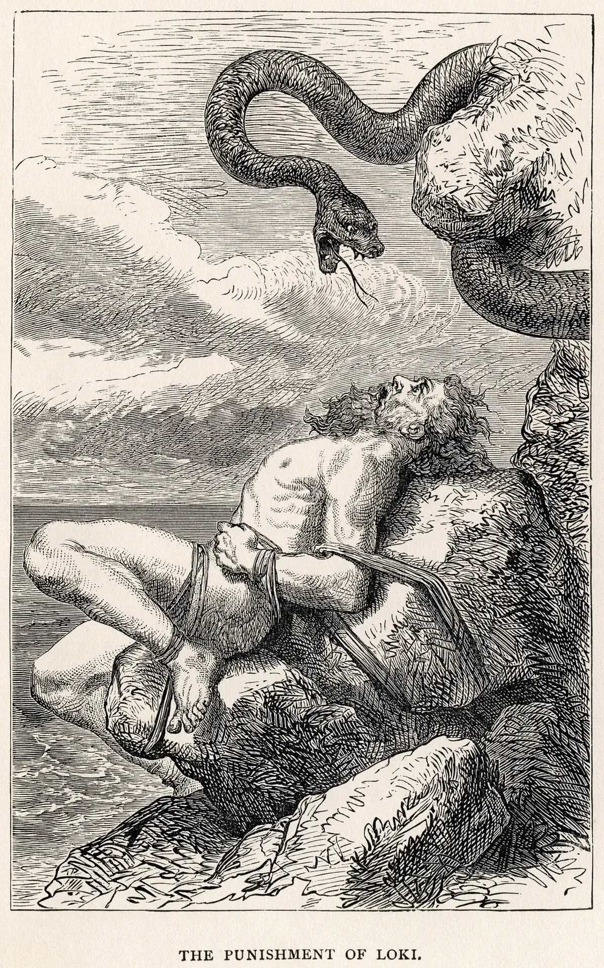 Illustration of Loki bound to a rock with a serpent above