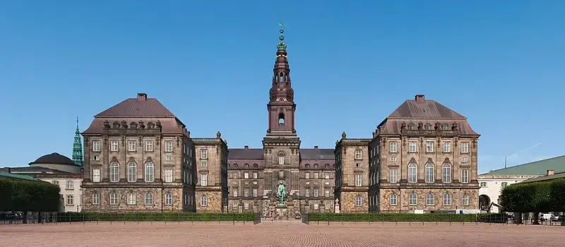 Front view of Christiansborg Palace in Copenhagen with clear blue sky