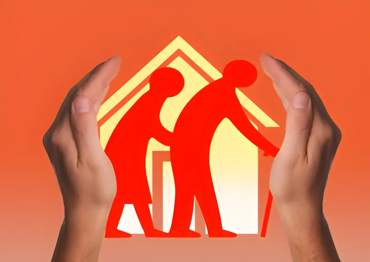 Hands protecting elderly figures with walking canes