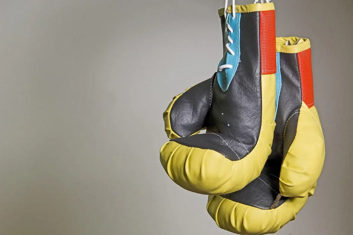 A pair of boxing gloves hanging against a plain background.