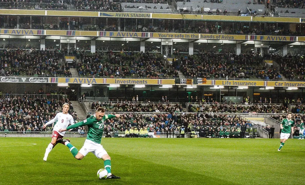 Football match between Denmark and Ireland at Aviva Stadium.