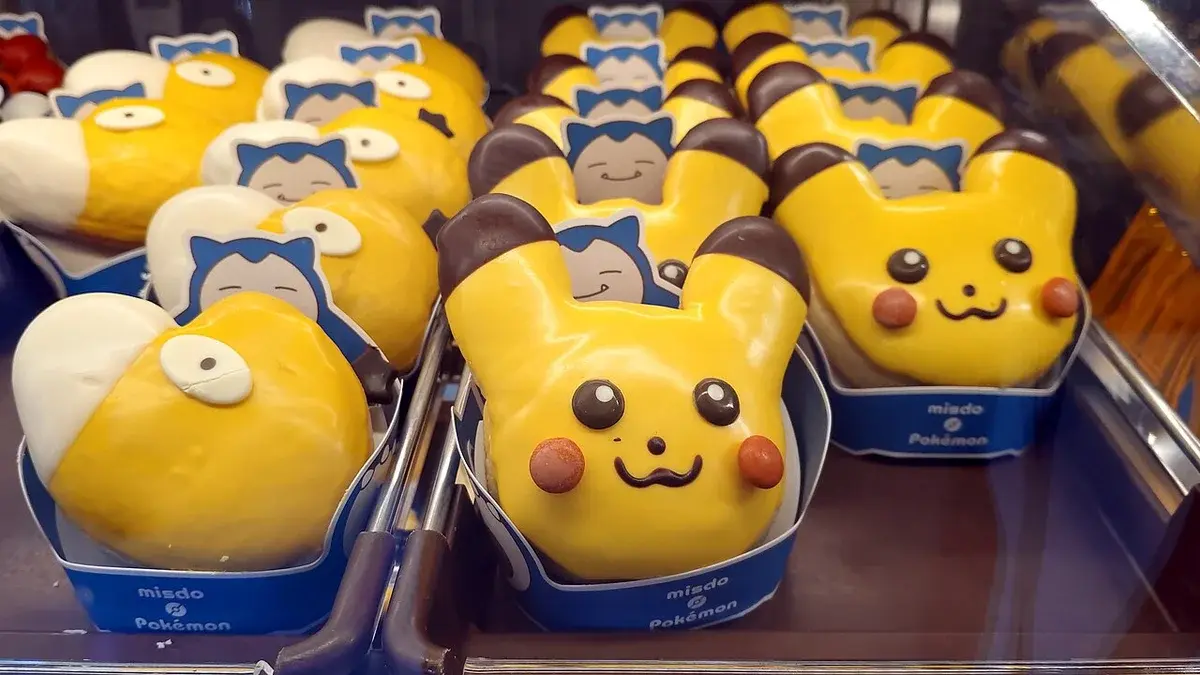 Pokémon-themed donuts displayed in trays at Mister Donut.