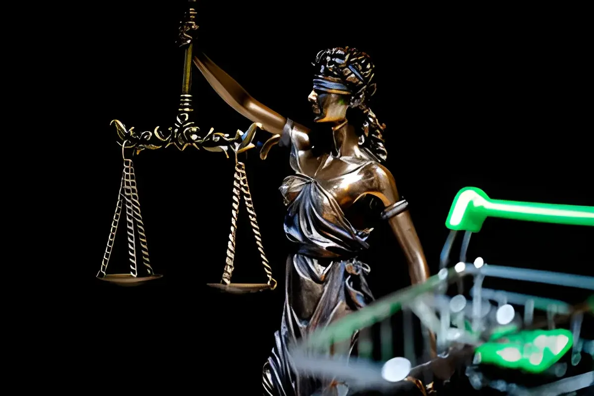 Lady Justice statue holding scales with a shopping cart in foreground