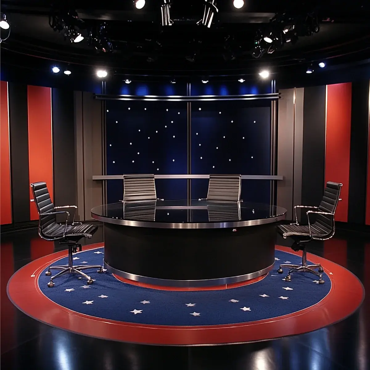 An empty TV talk show studio set with a round desk and chairs.
