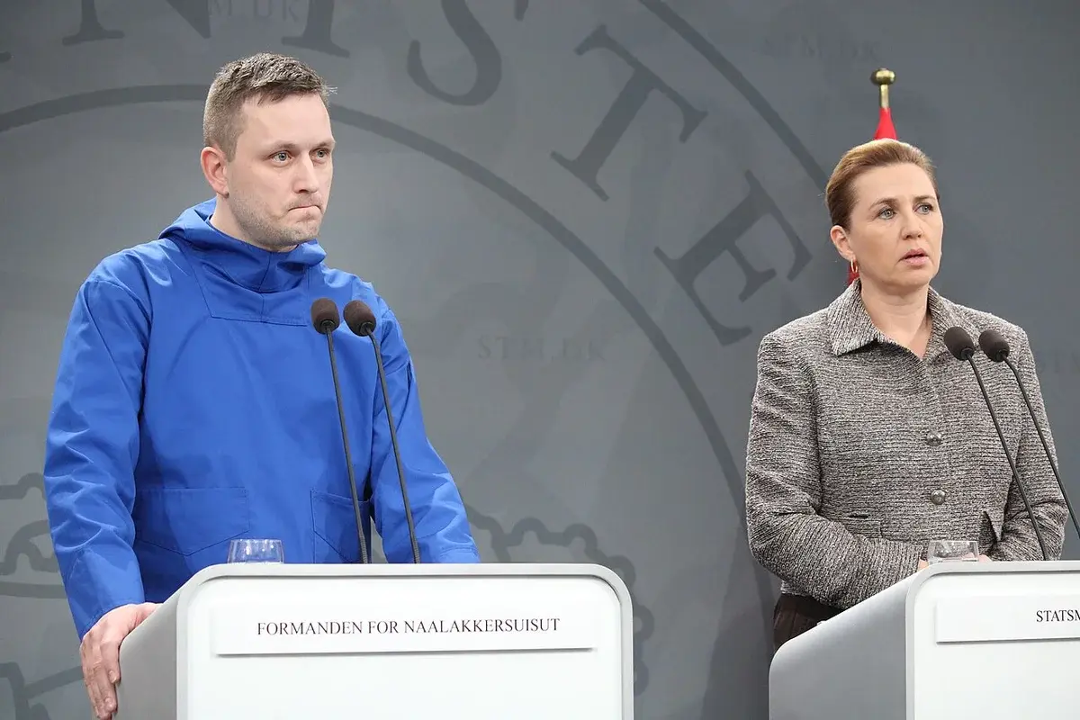 Jens-Frederik Nielsen and Mette Frederiksen speaking at a press event in Copenhagen.