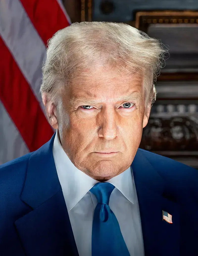 Donald Trump portrait in blue suit with American flag pin