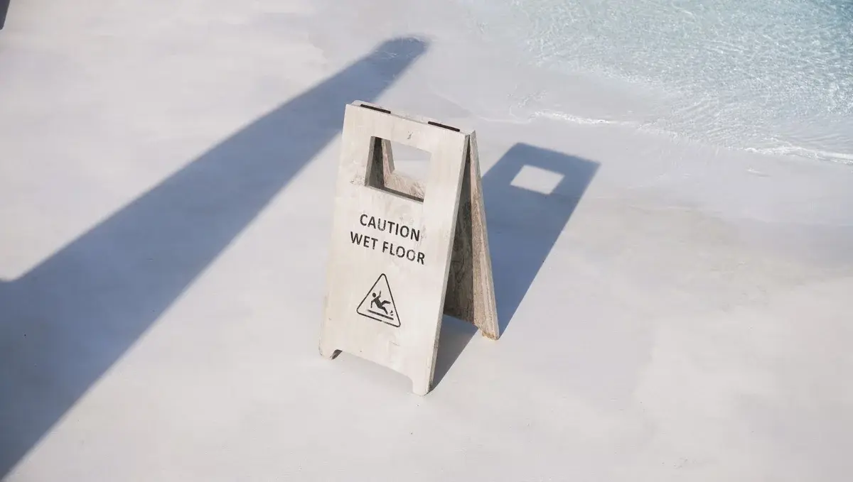 A wet floor warning sign standing beside a pool in bright sunlight.