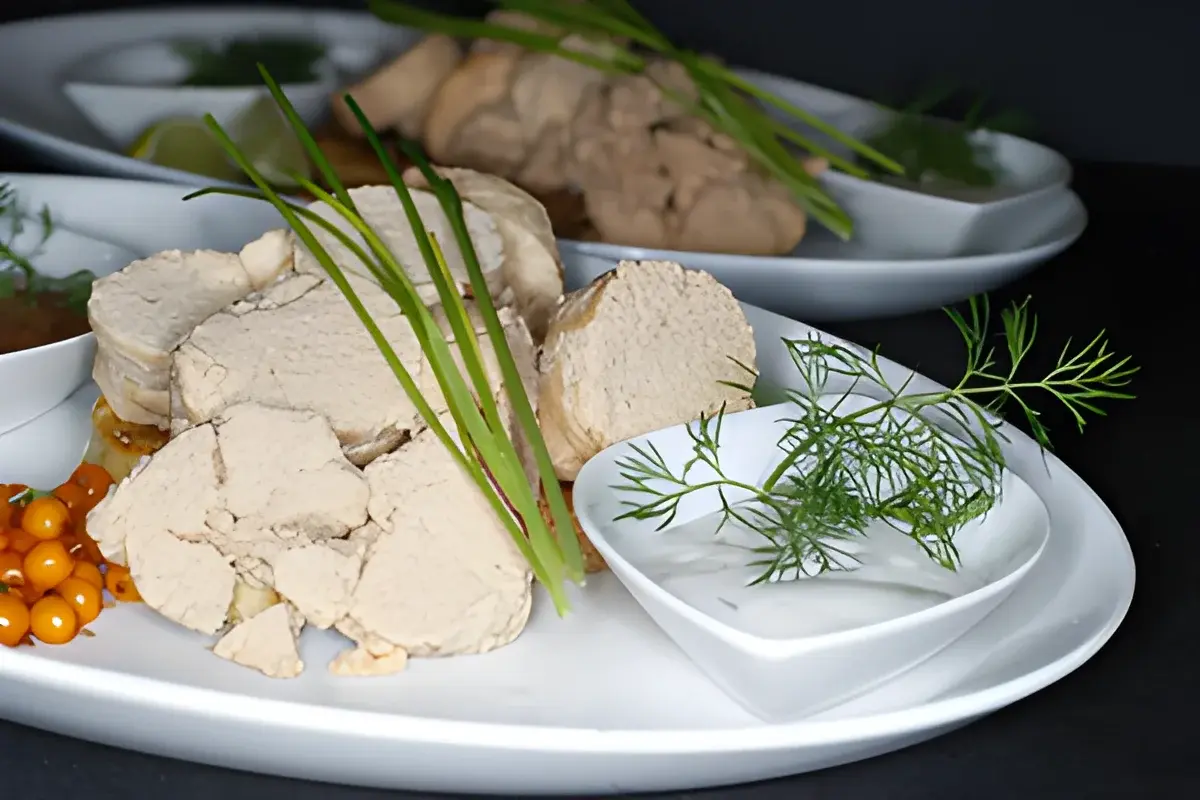 Plate of boiled cod roe garnished with dill and chives