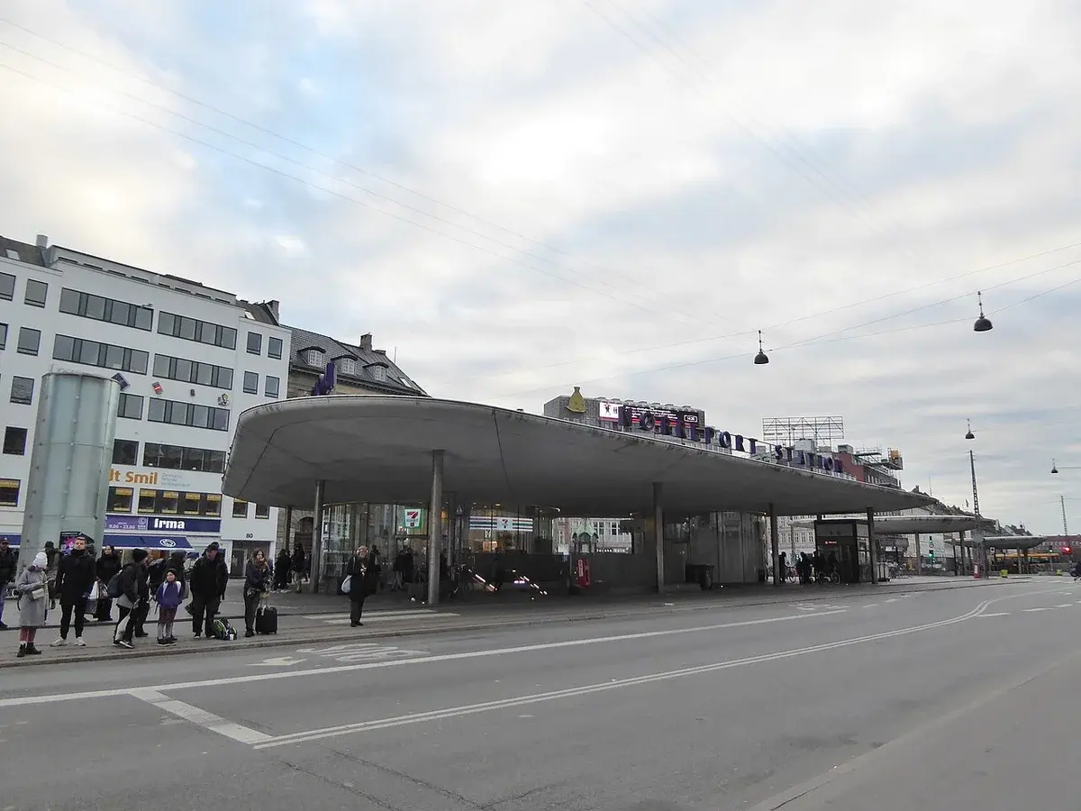 Nørreport Station in central Copenhagen with people outside the entrance.