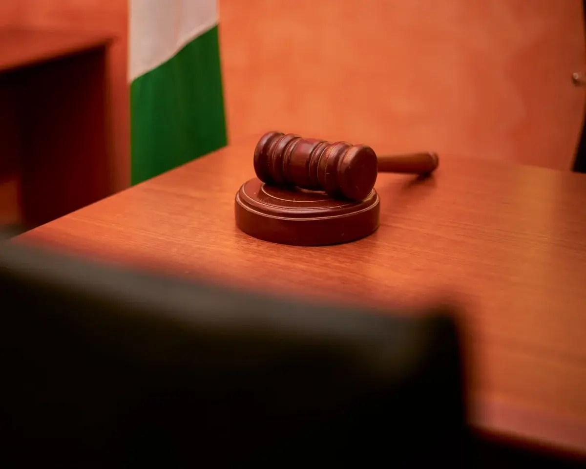 Wooden gavel on judge's desk in courtroom