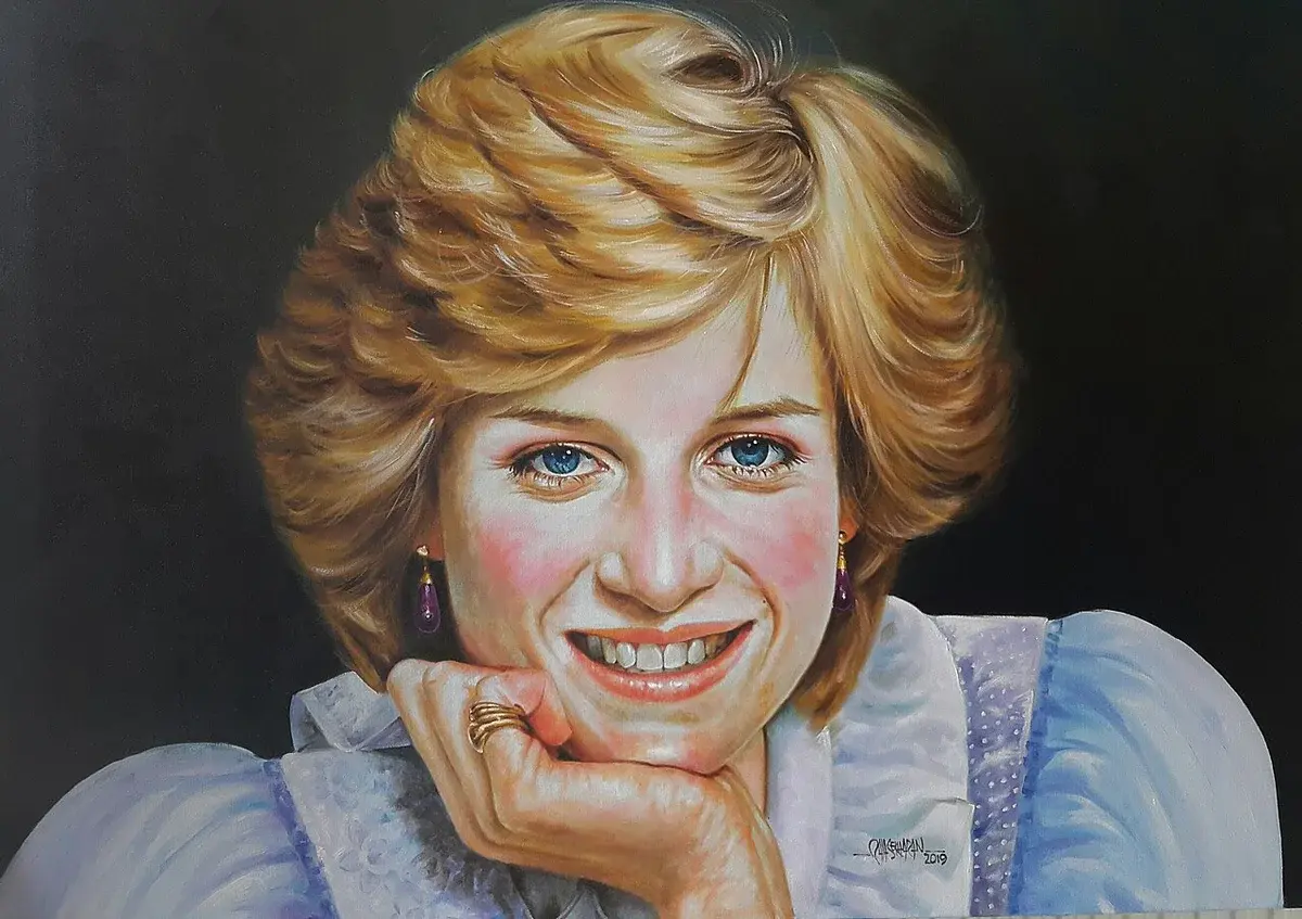 Oil portrait of Princess Diana smiling with her chin resting on her hand.
