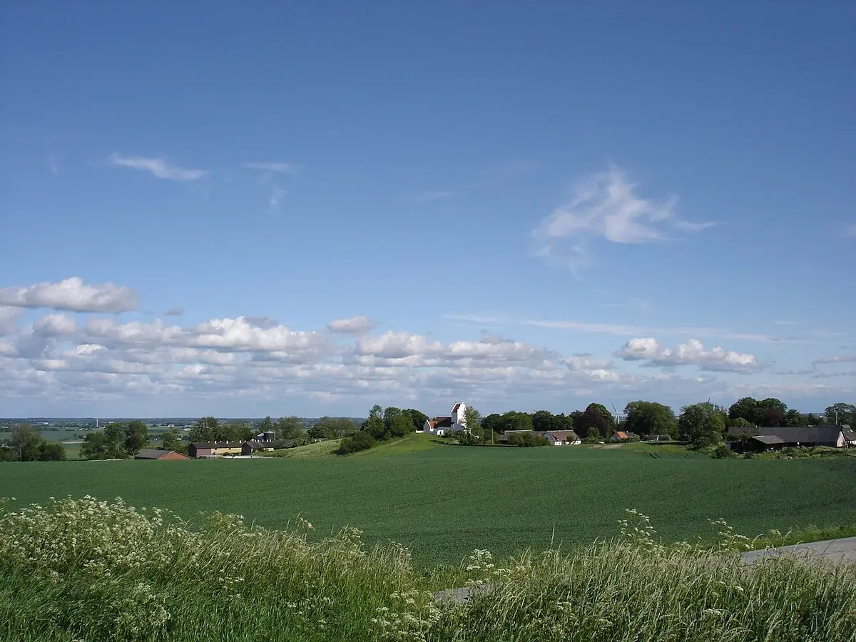 View of the Danish village of Slots Bjergby with fields and a church under a blue sky.