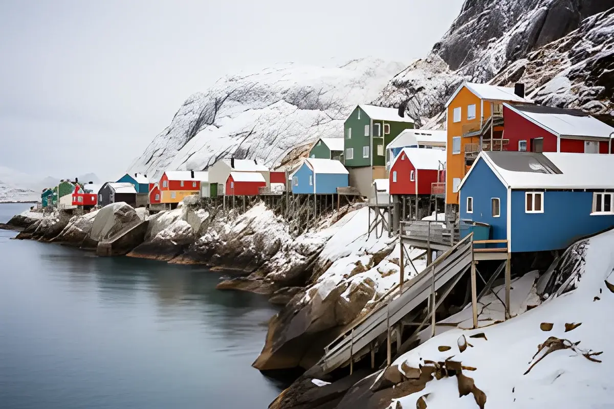 Snowy village street lined with colorful houses